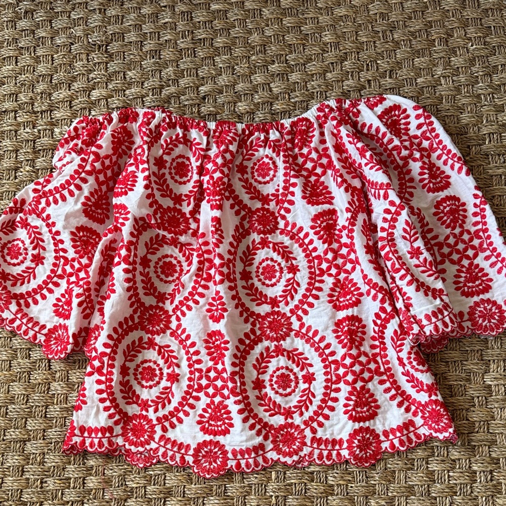 Red and White embroidered Off-Shoulder Top. NEW